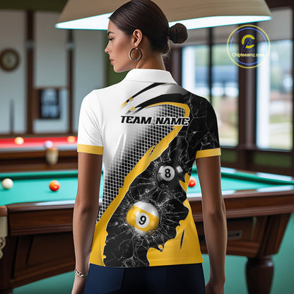 Black And Yellow 8 Ball & 9 Ball Break Glass Billiard Jersey For Women Custom Pool Team Shirts TDM7159