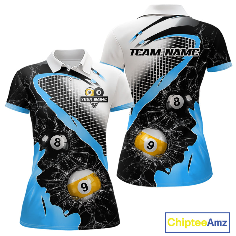 Black And Blue 8 Ball & 9 Ball Break Glass Billiard Jersey For Women Custom Pool Team Shirts TDM7160