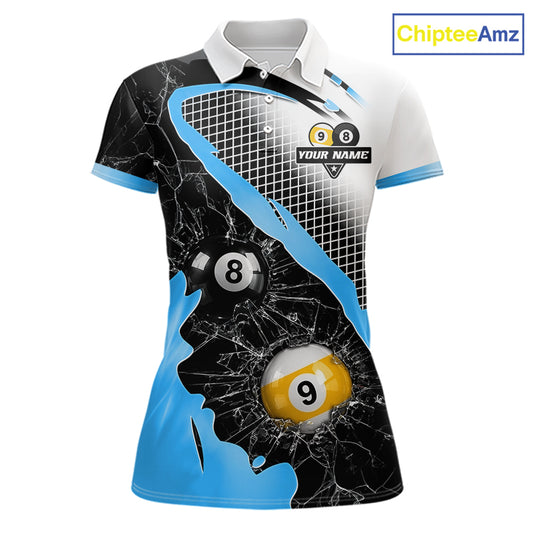 Black And Blue 8 Ball & 9 Ball Break Glass Billiard Jersey For Women Custom Pool Team Shirts TDM7160
