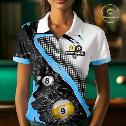 Black And Blue 8 Ball & 9 Ball Break Glass Billiard Jersey For Women Custom Pool Team Shirts TDM7160