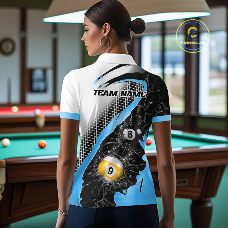 Black And Blue 8 Ball & 9 Ball Break Glass Billiard Jersey For Women Custom Pool Team Shirts TDM7160