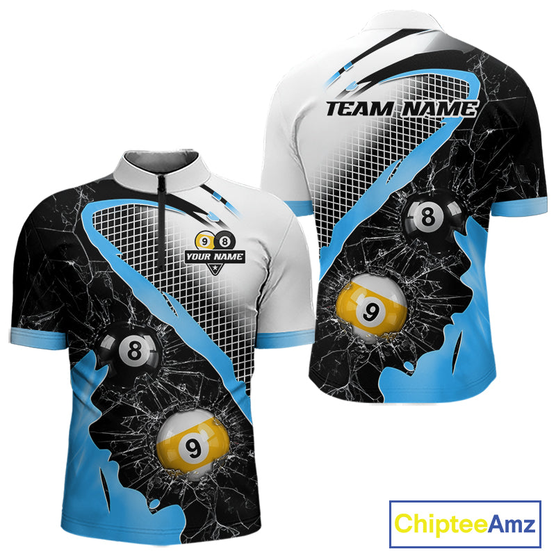 Black And Blue 8 Ball & 9 Ball Break Glass Billiard Jersey For Men Custom Pool Team Shirts TDM7160
