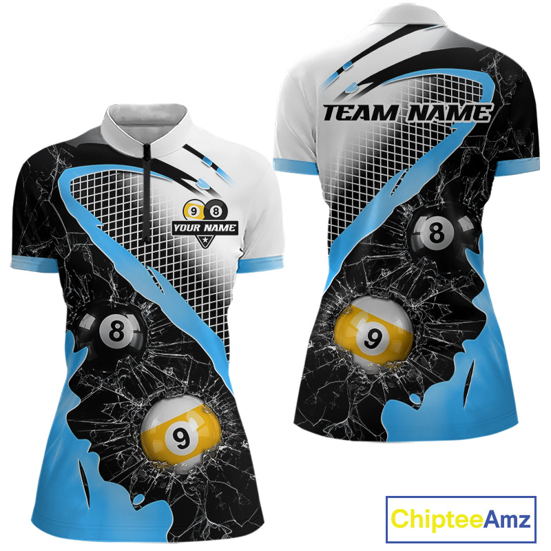 Black And Blue 8 Ball & 9 Ball Break Glass Billiard Jersey For Women Custom Pool Team Shirts TDM7160