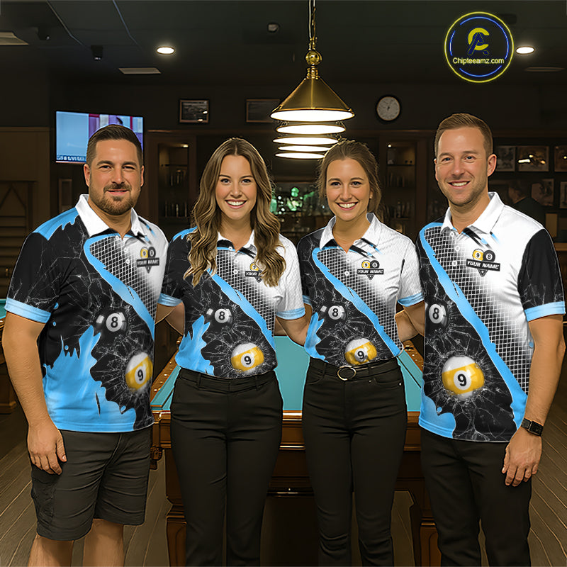 Black And Blue 8 Ball & 9 Ball Break Glass Billiard Jersey For Women Custom Pool Team Shirts TDM7160