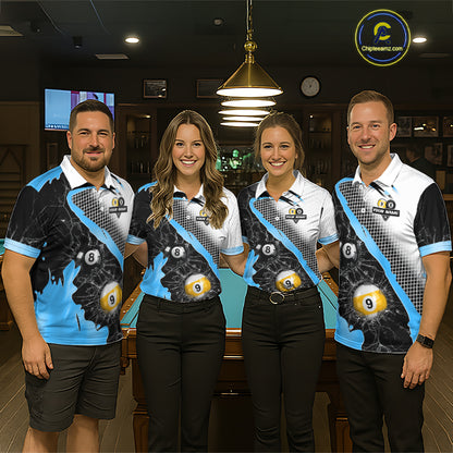 Black And Blue 8 Ball & 9 Ball Break Glass Billiard Jersey For Women Custom Pool Team Shirts TDM7160