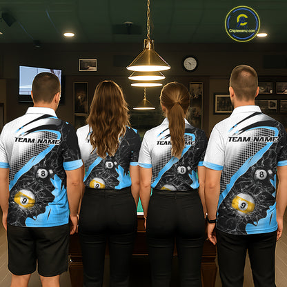 Black And Blue 8 Ball & 9 Ball Break Glass Billiard Jersey For Women Custom Pool Team Shirts TDM7160