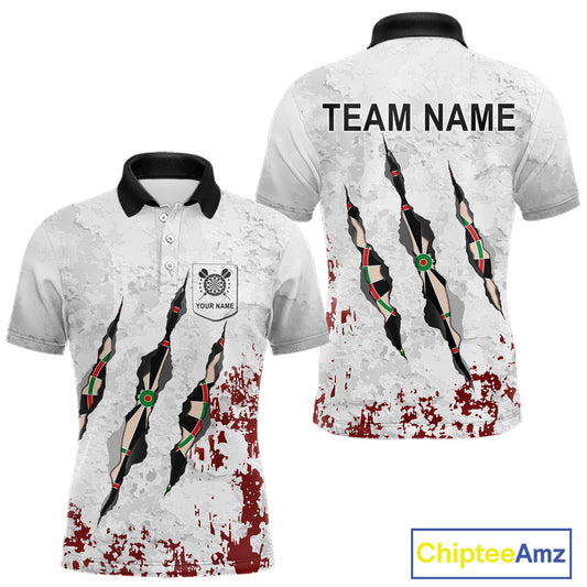 Custom White Red Grunge Dart Shirt With Pocket Option For Men, Darts Jersey TDM4529