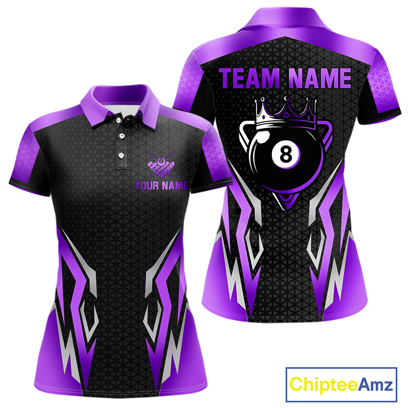 Black Purple 8 Ball Pool Crown Billiard Shirt For Women Custom Billiard Jersey Team Polo & 1/4 Zip TDM4323