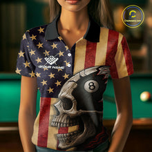 Load image into Gallery viewer, Vintage American Flag Skull Billiard Shirt For Women Custom 8 Ball Patriotic Pool Team Jerseys TDM4156
