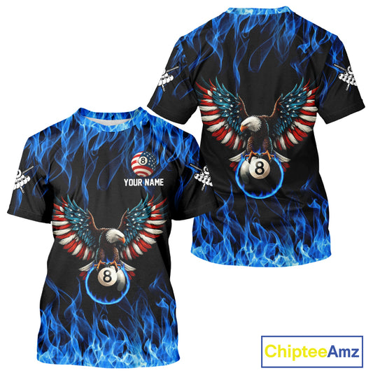 Blue Flaming American Flag Eagle 8 Ball Billiard T-Shirt For Men Custom Patriotic Pool Team Jersey TDM4328