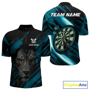 Personalized Cyan & Black Lion Darts Shirt For Men Custom Light Dartboard Jersey Polo & 1/4 Zip TDM4335