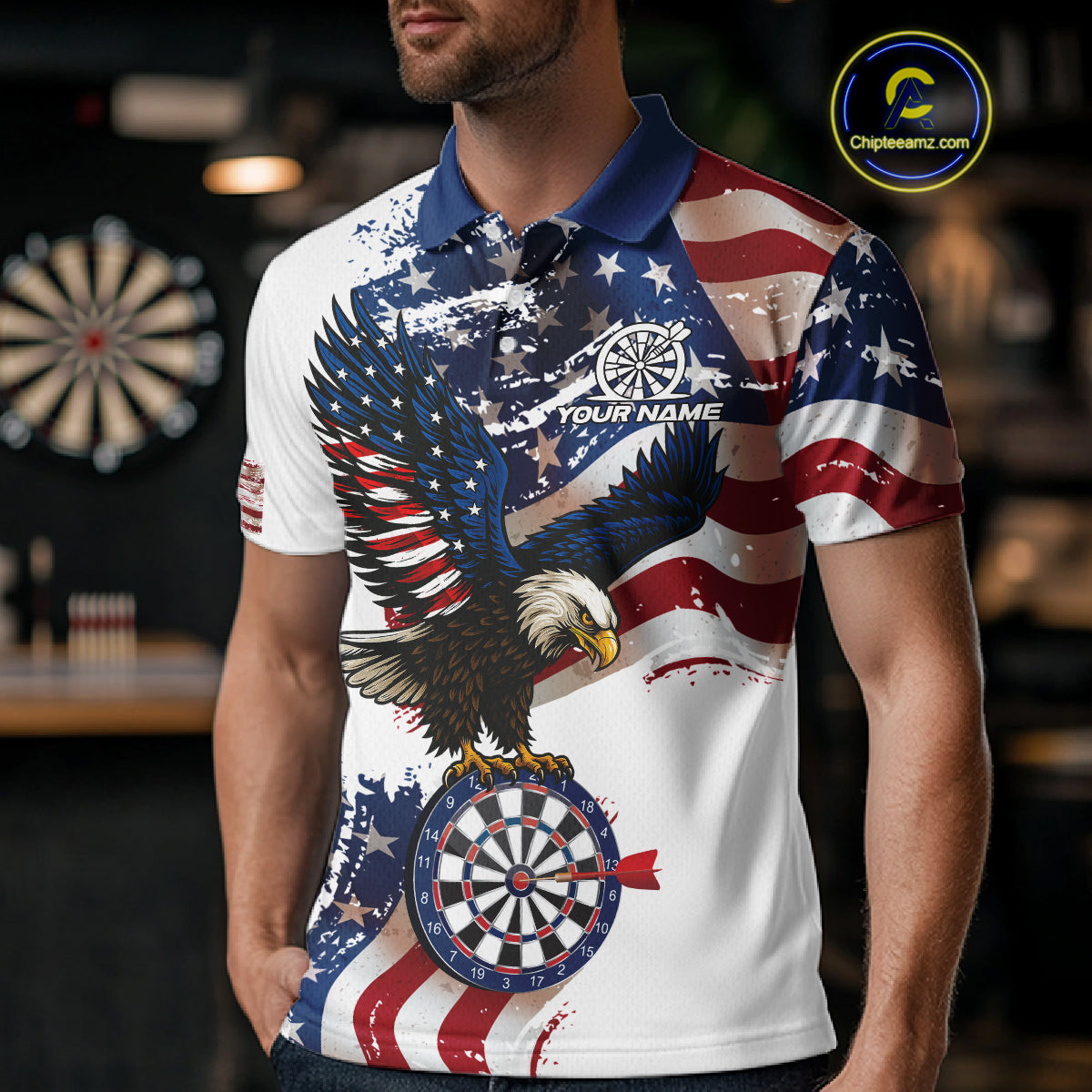 Personalized Grunge American Flag Eagle Darts Shirt For Men Custom Patriotic Darts Team Jersey TDM4756