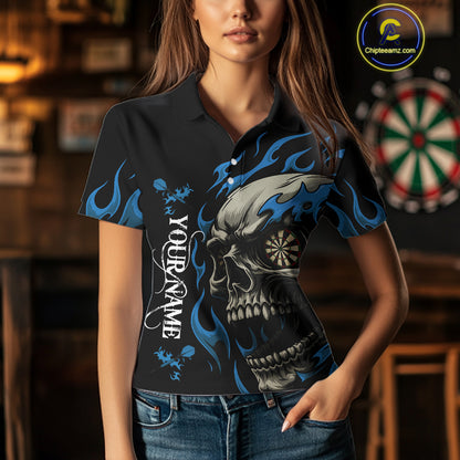 Personalized Blue Flaming Skull Darts Shirt For Women Custom Darts Jersey Team Polo & 1/4 Zip TDM4765