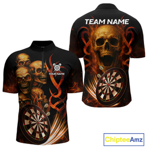 Custom Skull Fire Darts Jersey For Men, Black And Orange Darts Polo & Quarter Zip Team Shirt TDM4576
