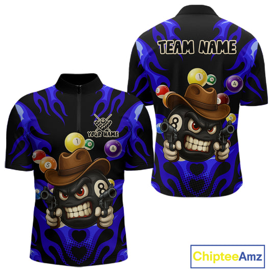 Personalized Blue Funny Flame 8 Ball Billiard Shirt For Men Custom Pool Team Jersey Polo & 1/4 Zip TDM4783