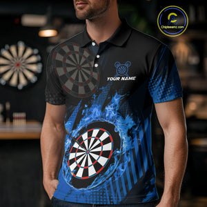Blue Dartboard Fire Flame Darts Shirt For Men Custom Darts Jersey, Dart Team Shirt Polo & 1/4 Zip TDM4800