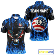 Load image into Gallery viewer, Blue Flaming American Flag Eagle 8 Ball Billiard Shirt For Men Custom Patriotic Pool Team Jersey TDM4231
