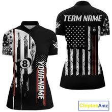 Load image into Gallery viewer, Personalized 8 Ball Skull Billiard Shirt For Women, American Flag Pool Team Jerseys Polo &amp; 1/4 Zip TDM4629