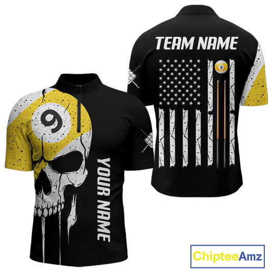 Personalized 9 Ball Skull Billiard Shirt For Men, American Flag Pool Team Jerseys TDM4257