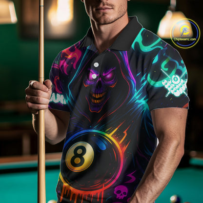 Colorful Neon Grim Reaper 8 Ball Pool Billiard Shirt For Men Custom Billiard Team Jersey TDM4668