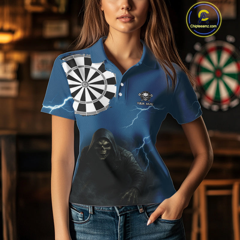 Black And Navy Skeleton Dartboard Darts Shirt For Women - Custom Team & Player Name NYN0351