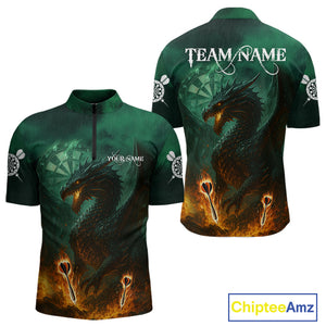 Personalized Fiery Arrow Dragon Green Darts Shirt For Men Custom Darts Jersey Team Polo & 1/4 Zip TDM4450