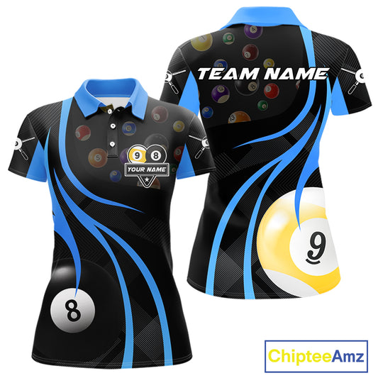 Personalized Billiard 8 Ball & 9 Ball Pool Shirt For Women, Billiard Jersey Team Polo & 1/4 Zip|Blue TDM4456