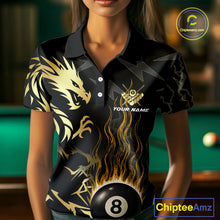 Load image into Gallery viewer, Black And Gold Flame 8 Ball Pool Shirt For Women Custom Dragon Billiards Team Jersey Polo &amp; 1/4 Zip TDM4103