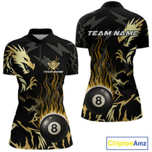 Load image into Gallery viewer, Black And Gold Flame 8 Ball Pool Shirt For Women Custom Dragon Billiards Team Jersey Polo &amp; 1/4 Zip TDM4103