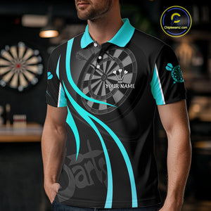 Black And Cyan Darts Jersey For Men Custom Team Polo & Quarter Zip Darts Shirt Uniform TDM4489