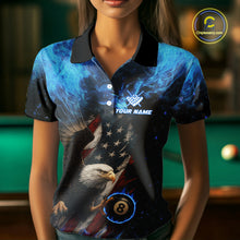 Load image into Gallery viewer, Blue Flaming American Flag Eagle Billiard Shirt For Women Custom 8 Ball Pool Jersey Polo &amp; 1/4 Zip TDM4298