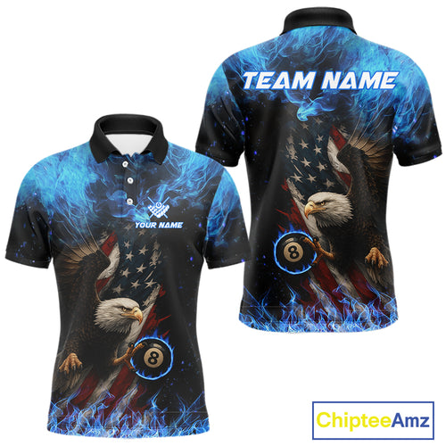 Blue Flaming American Flag Eagle Billiard Shirt For Men Custom 8 Ball Pool Jersey Polo & 1/4 Zip TDM4298
