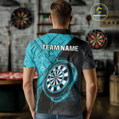 Grunge Cyan Black Dartboard Light Men Darts Polo & 1/4 Zip Custom Dart Shirt For Team Dart Jersey TDM4127