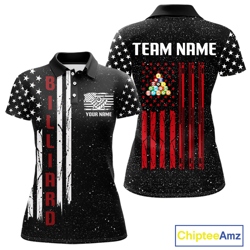 Grunge USA Flag Billiard Jerseys For Women Custom Patriotic Billiard Polo & Quarter Zip Team Shirt TDM4130