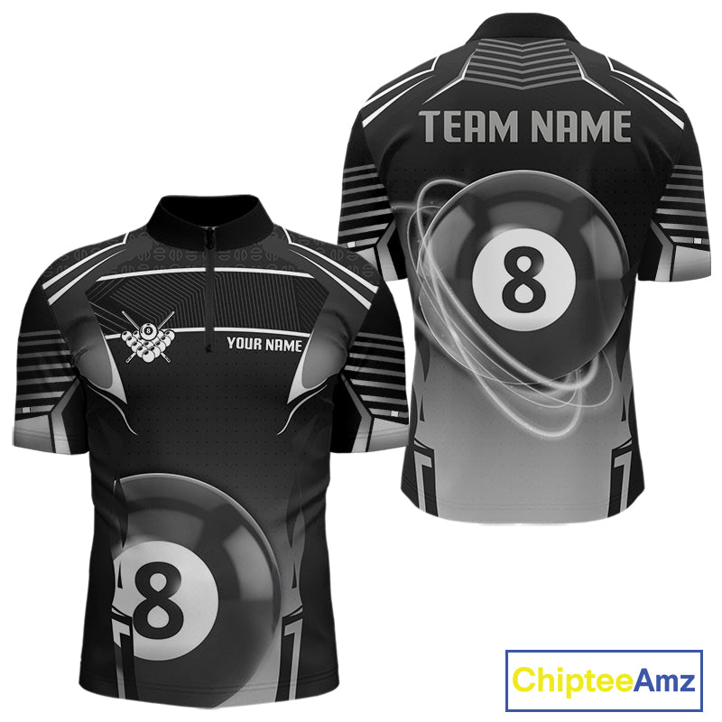 Black And Grey 8 Ball Pool Lights Billiard Polo & 1/4 Zip For Men Custom 3D Billiard Team Jerseys TDM4132