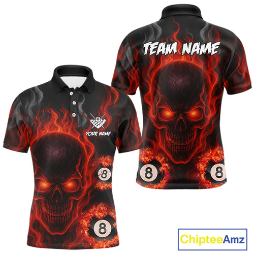 Red Flaming Skull 8 Ball Billiard Shirt For Men Custom Pool Jerseys Team Polo & Quarter Zip TDM4136