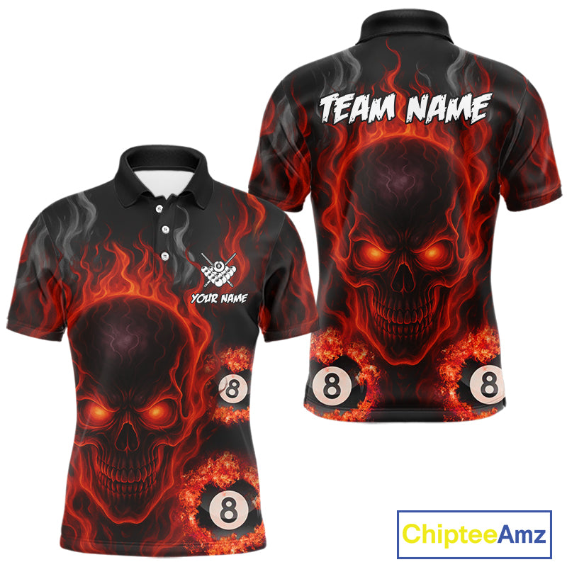 Red Flaming Skull 8 Ball Billiard Shirt For Men Custom Pool Jerseys Team Polo & Quarter Zip TDM4136
