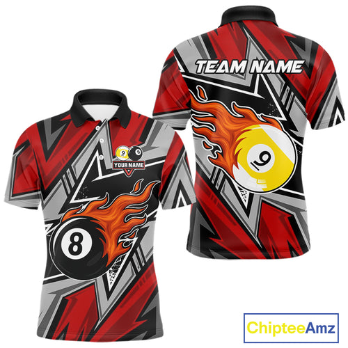 Personalized Men's Billiard Shirts, Flame 8&9 Ball Custom Red Zig-Zag Billiard Team Jerseys TDM4137