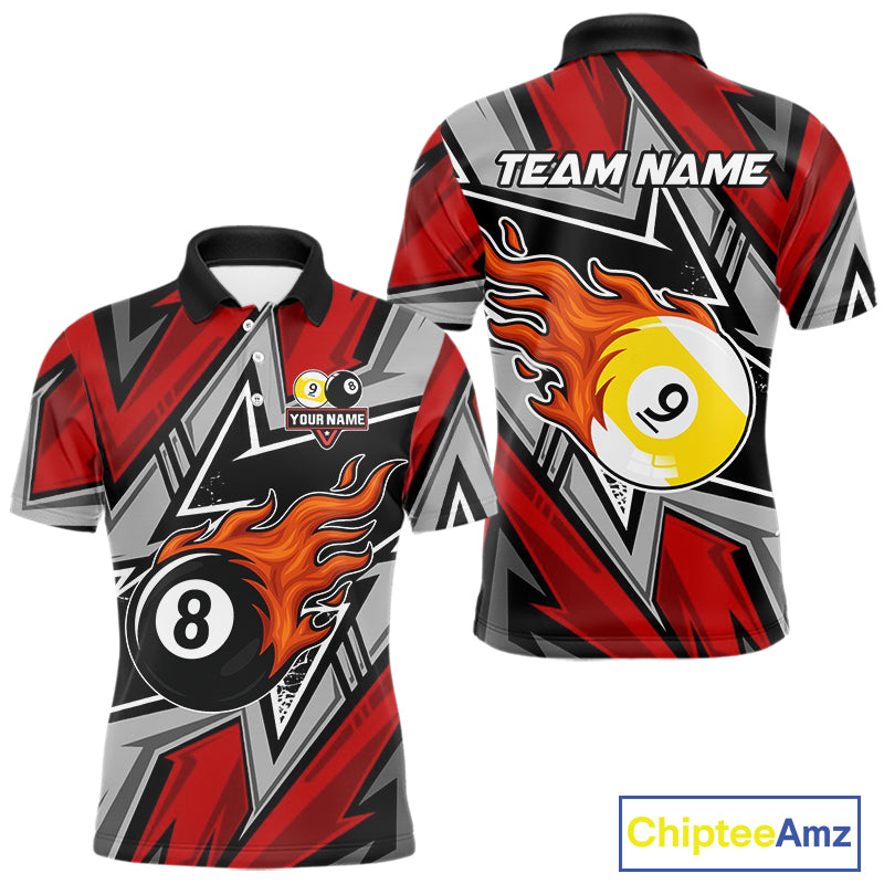 Personalized Men's Billiard Shirts, Flame 8&9 Ball Custom Red Zig-Zag Billiard Team Jerseys TDM4137