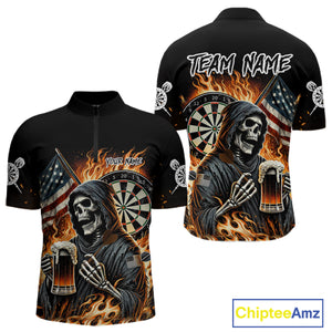 Flaming Grim Reaper Beer Darts Shirt Custom US Flag Darts Polo & Quarter Zip Jerseys For Women TDM4526