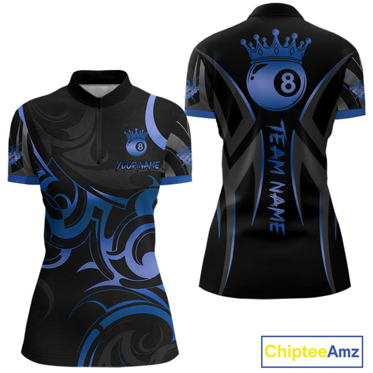 Black And Blue 8 Ball Crown Tribal Billiard Shirt For Women Custom Pool Team Jersey Polo & 1/4 Zip TDM4417