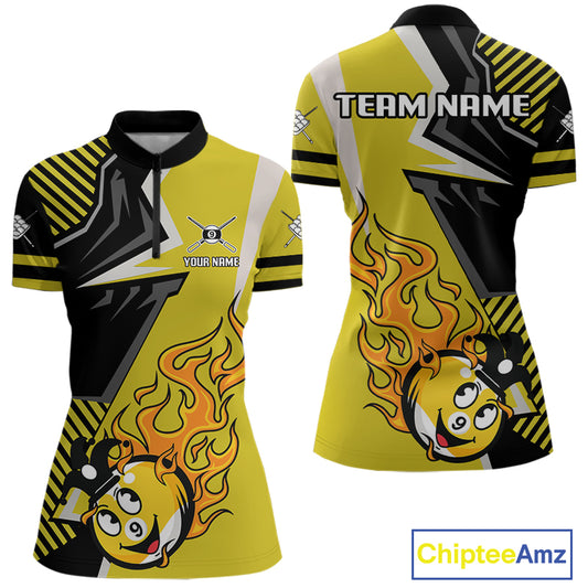Personalized Yellow Black Funny 9 Ball Flame Billiard Shirt For Women Custom 9 Ball Pool Team Jersey TDM4455