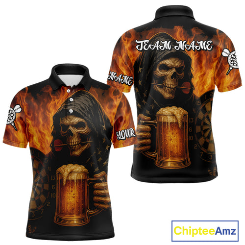 Personalized Funny Death Skeleton & Beer Fire Darts Shirt For Men, Dart Jersey Team Polo & 1/4 Zip TDM4486