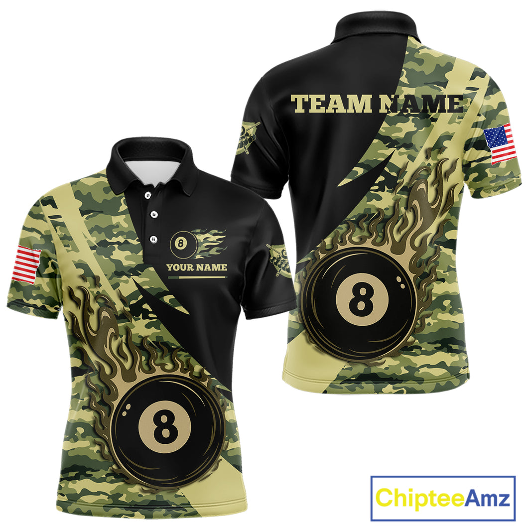 Personalized Flame 8 Ball Pool Military Green Camo Billiard Shirts For Men Custom Pool Team Jersey TDM4187