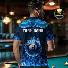 Load image into Gallery viewer, Blue Flaming 8 Ball Pool Billiard Shirts For Men Custom Polo &amp; Quarter Zip Billiard Team Jerseys TDM3999
