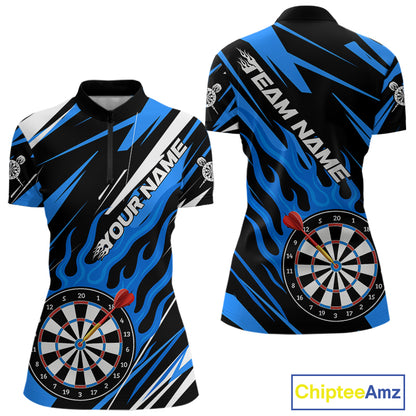 Blue Dartboard Flame Custom Dart Shirts For Women, Darts Team Jerseys Polo & Quarter Zip Shirts TDM4004