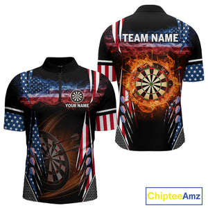 Personalized American Flag Dartboard Fire Flame Darts Shirt For Men, Patriotic Darts League Jersey TDM4796