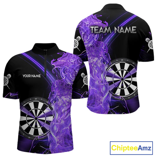 Custom Black And Purple Flame Darts Shirts For Men, Darts Team Jerseys Polo & Quarter Zip Uniform TDM4017