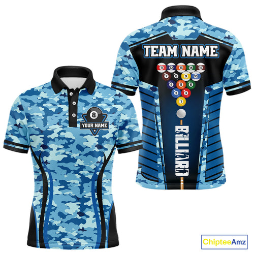 Custom Blue Camouflage 8 Ball Pool Billiard Shirt For Men, Billiard Jersey Outfit, Pool Team Shirt TDM4205