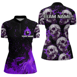 Custom Purple Billiard Skull Fire 8 Ball Women Polo & Quarter-Zip Shirts, Grunge Pool Team Jerseys TDM2829